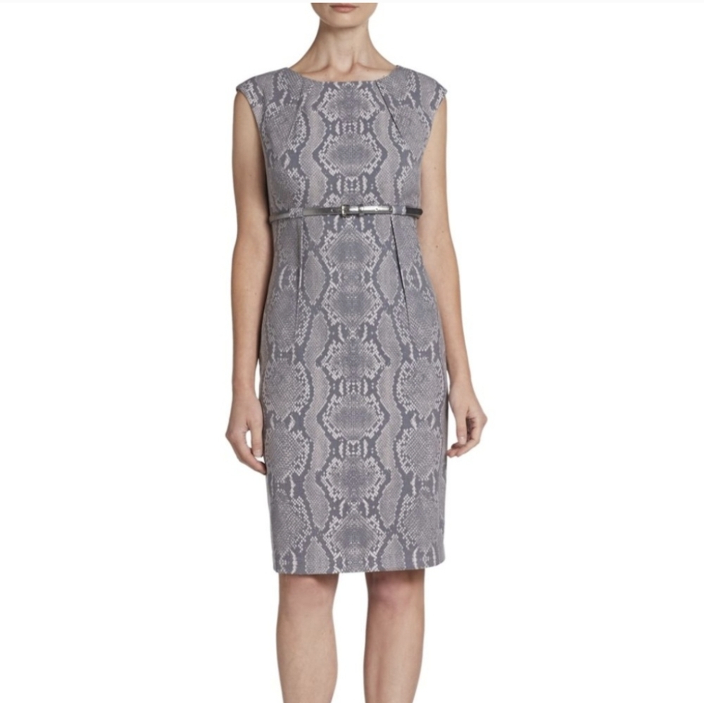 Calvin Klein Sheath Dress - Snakeskin Sleek Belt Silver Grey Fitted Slit Size 6